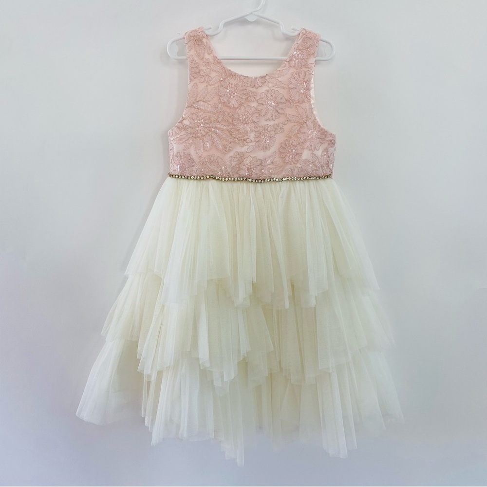 NEW Sequin Embellished Layered Tulle Dress Girls Kids Pink Ivory Gold Size 7